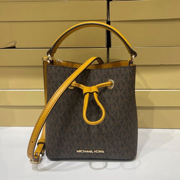 Michael Kors Suri MINI Bucket Satchel Shoulder Crossbody Bag MK Brown Yellow - Picture 4 of 12